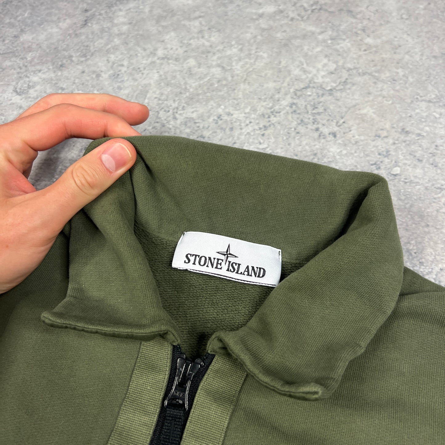 Stone Island Khaki Letter Logo Q Zip Sweatshirt Small (Fits M/L) 23.25”