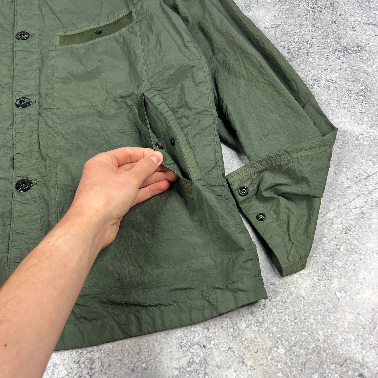 Stone Island Khaki Seersucker Nylon Overshirt  Large 22.5”