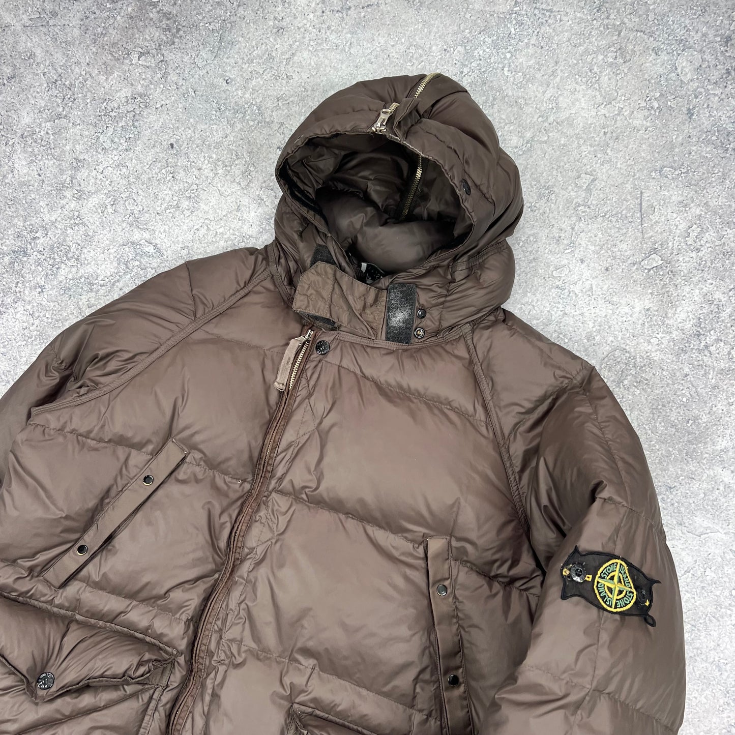 Stone Island Brown Opaque Nylon Tela Down Jacket XL 24.5”
