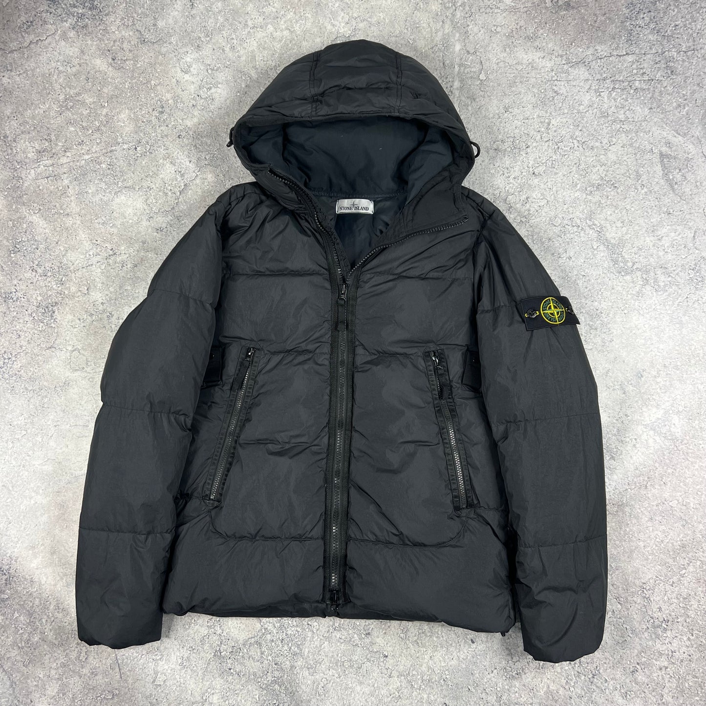 Stone Island Black Crinkle Reps Down Jacket Medium 22.5”