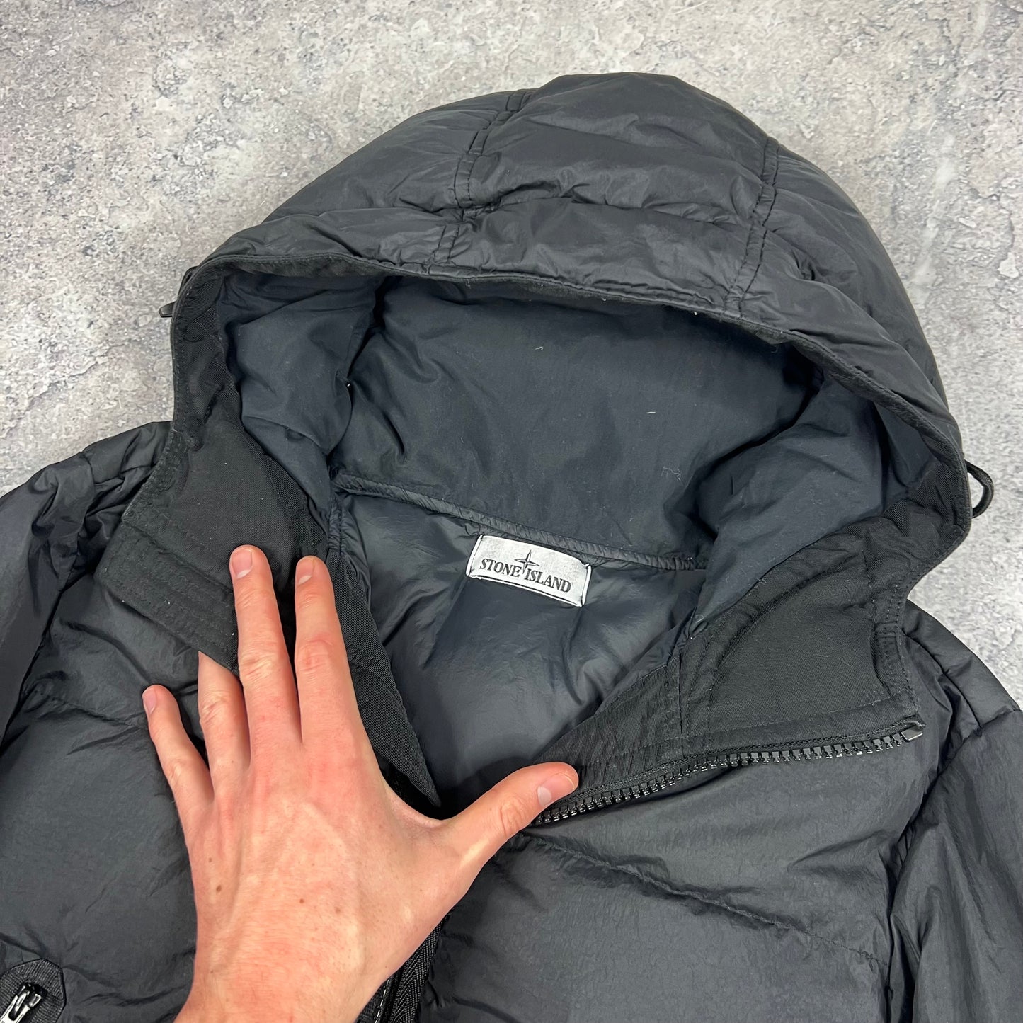 Stone Island Black Crinkle Reps Down Jacket Medium 22.5”