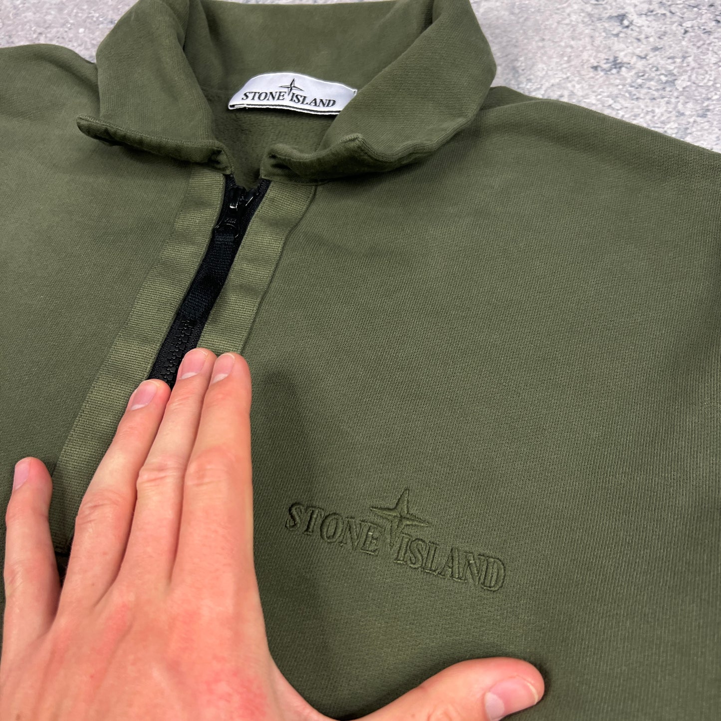 Stone Island Khaki Letter Logo Q Zip Sweatshirt Small (Fits M/L) 23.25”