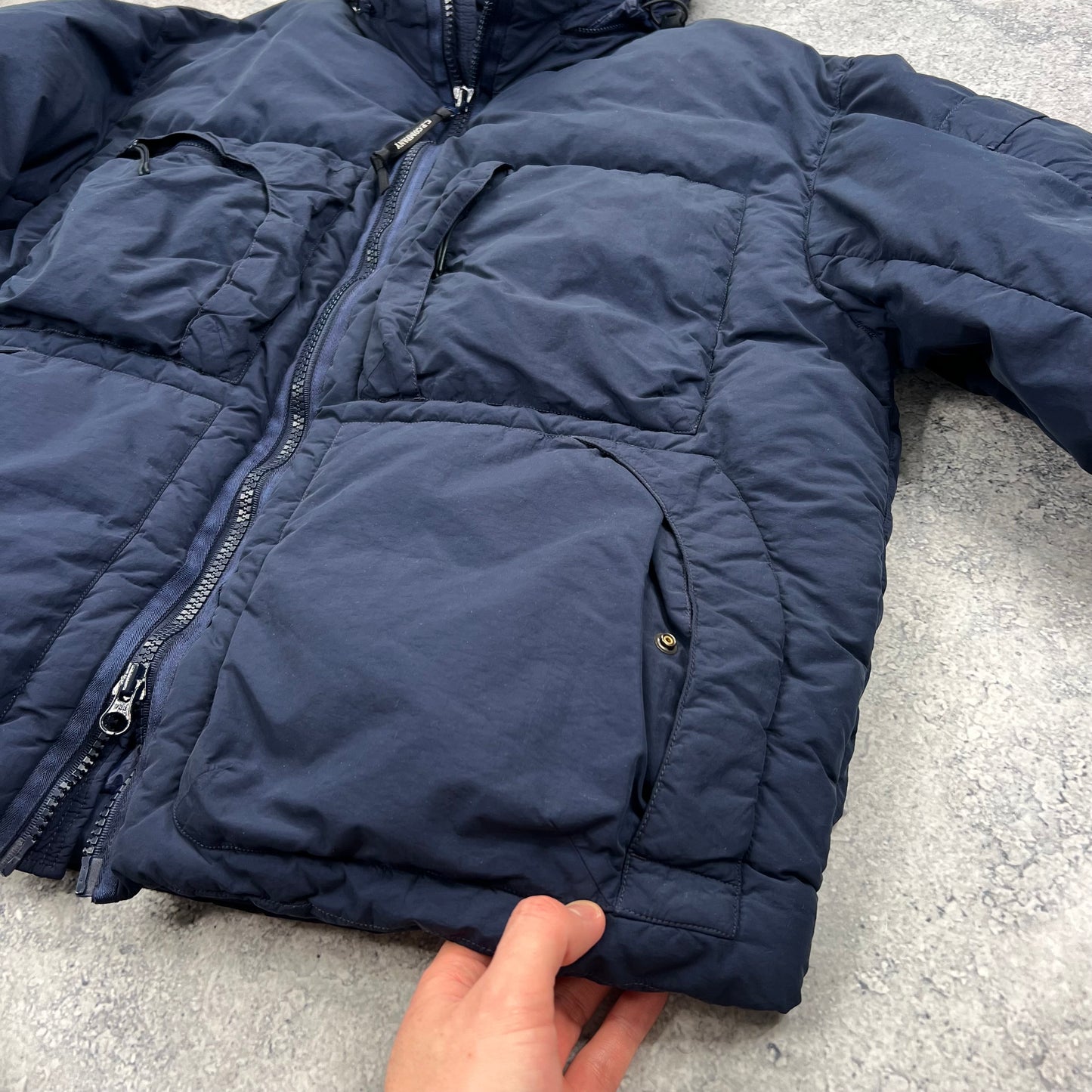 CP Company Navy Flatt Nylon Down Jacket Size 52- XL 25”