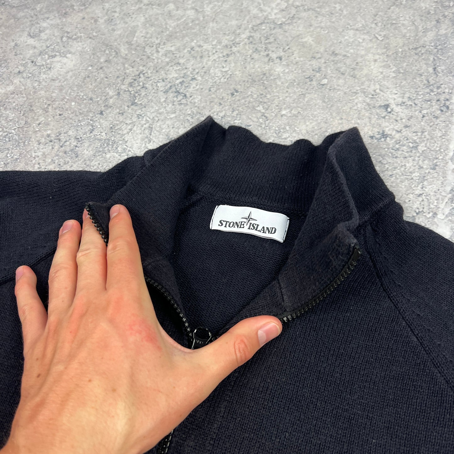 Stone Island Navy Knit Quarter Zip Sweatshirt Large 23”
